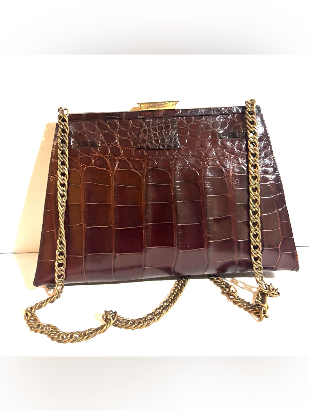 Vintage Classic crocodile leather Dark Brown Chain Shoulder Bag